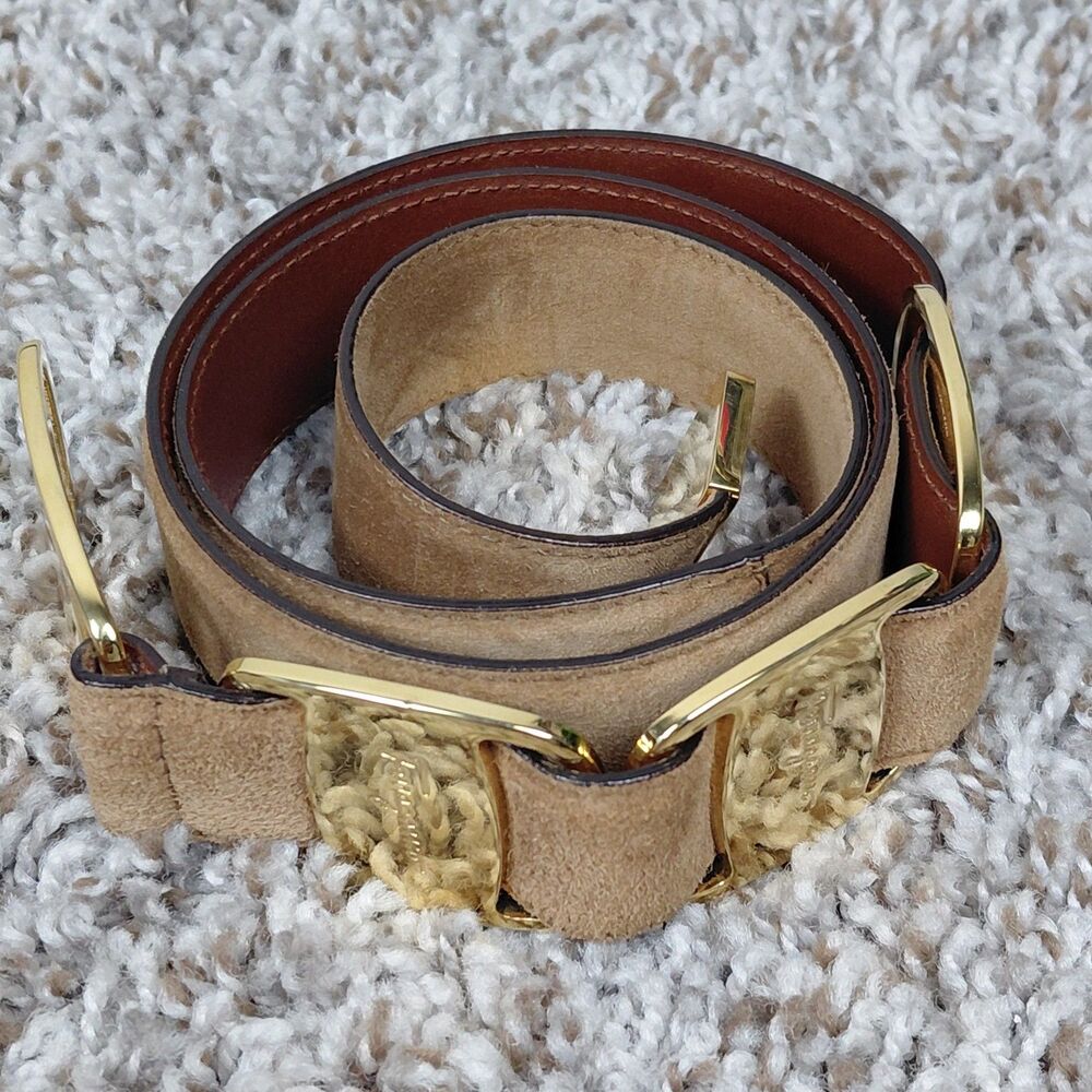 Salvatore Ferragamo Reversible Belt Womens Suede Leather Brown Beige Gold Italy